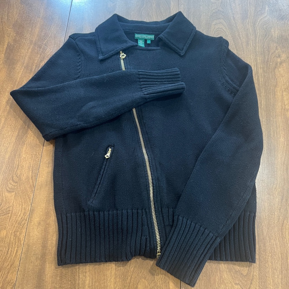 Lauren Ralph Lauren Womens Asymmetrical Zip Knit Cardigan Black Sweater L
